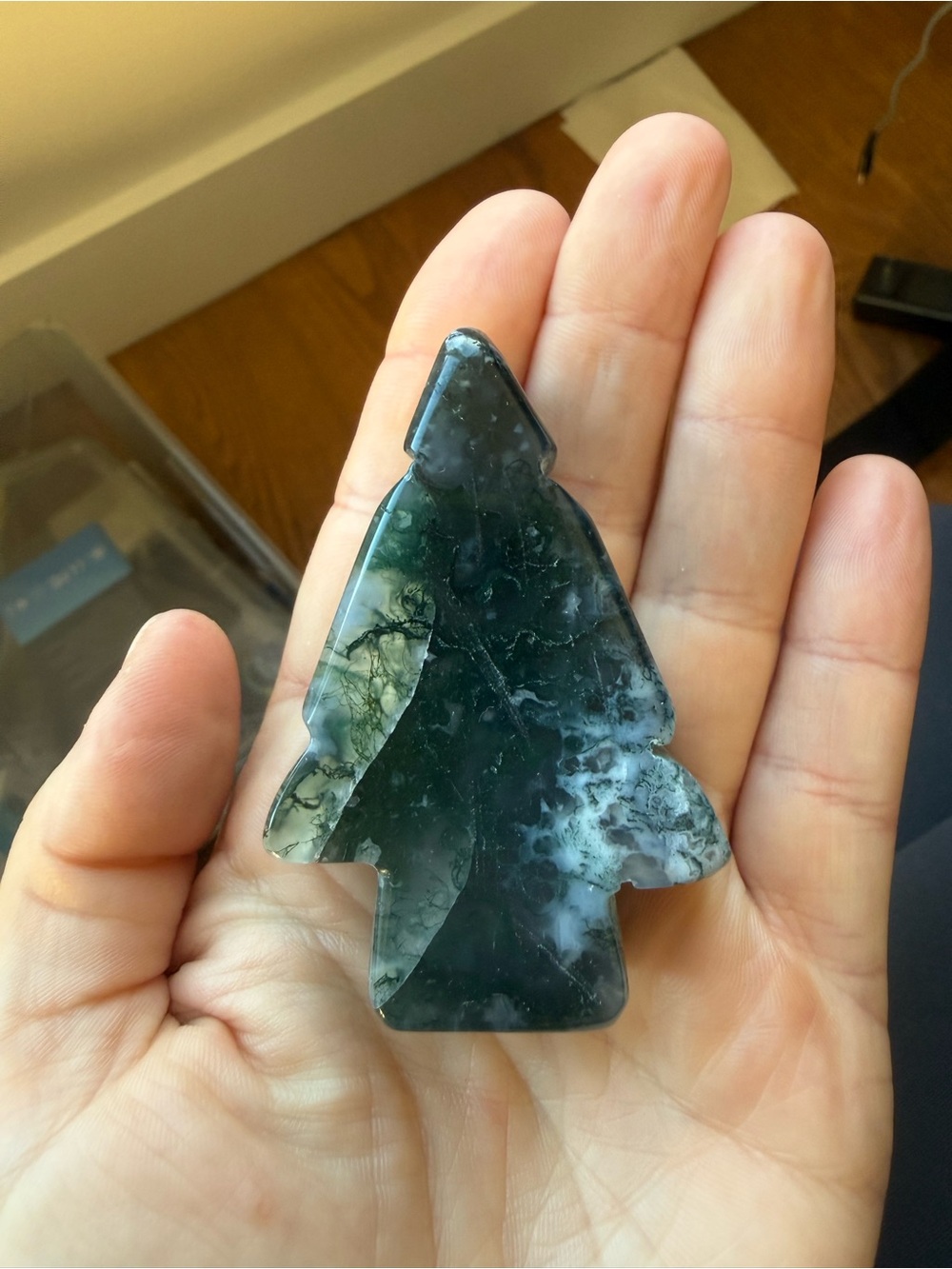 Moss agate crystal polished hand carved tree